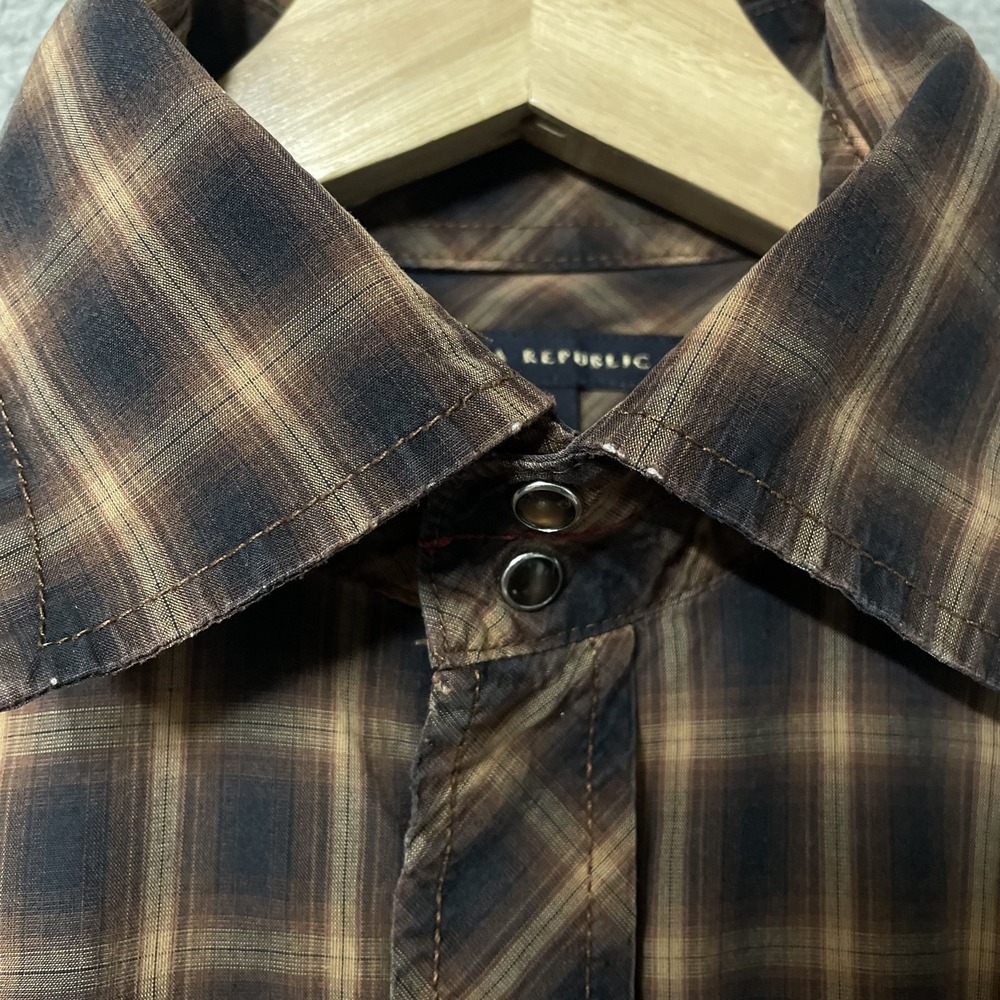 Banana Republic Shirt Mens S Brown Plaid Pearl Snap Western Long Sleeve Slim Fit - Picture 3 of 7